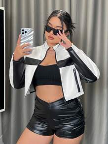 SHEIN ICON Women's Plus Size Color Block Motorcycle Style Double Zipper Jacket, For Winter Fall Autumn - Black and White - View 5