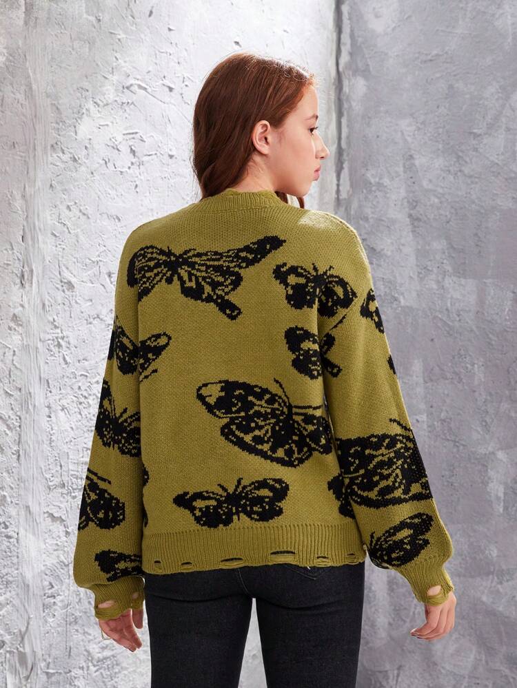 Teen Girl Butterfly Pattern Distressed Sweater