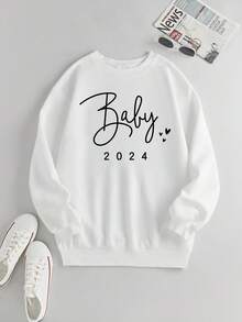 SHEIN LUNE 女士字母印花圓領運動衫 - 白色 - 查看 1