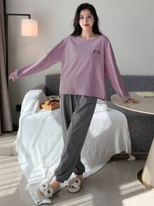 DAZY 女士字母印花上衣和长裤家居服套装，秋冬服装，舒适休闲装