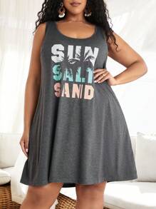SHEIN CURVE+ 字母和椰子樹印花大尺寸無袖連身裙 - 灰色 - 查看 1