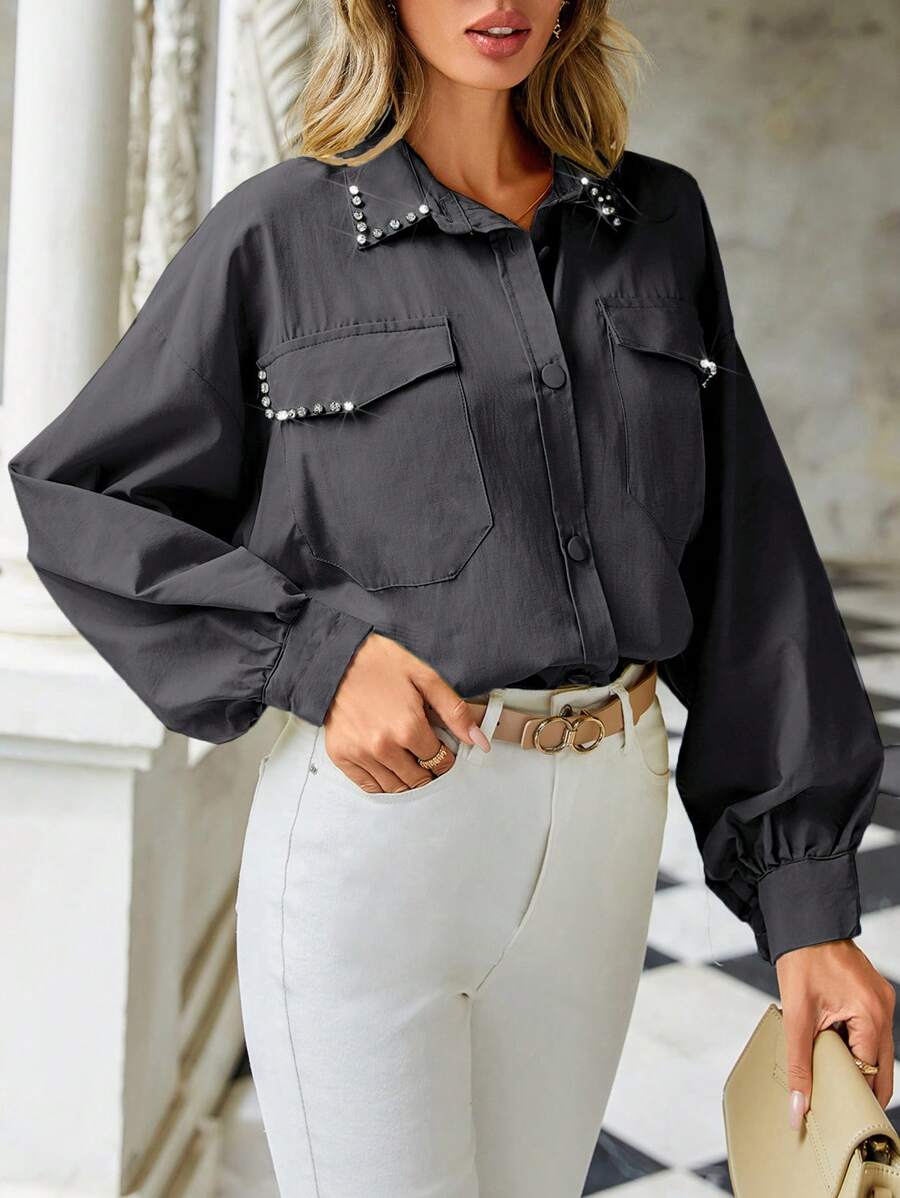 SHEIN Cottnline Women's Rhinestone Detailed Drop Shoulder Shirt - Black - View 1