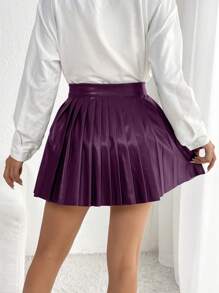 SHEIN PETITE 女式純色百褶迷你裙 - 紫色 - 查看 2