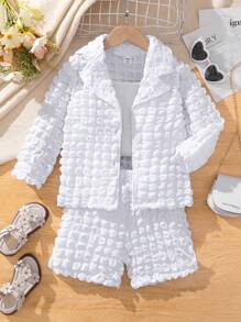 SHEIN Nhỏ bé Cô gái Nút Lên Tay áo dài Áo Và Bộ quần short - trắng - Xem 1