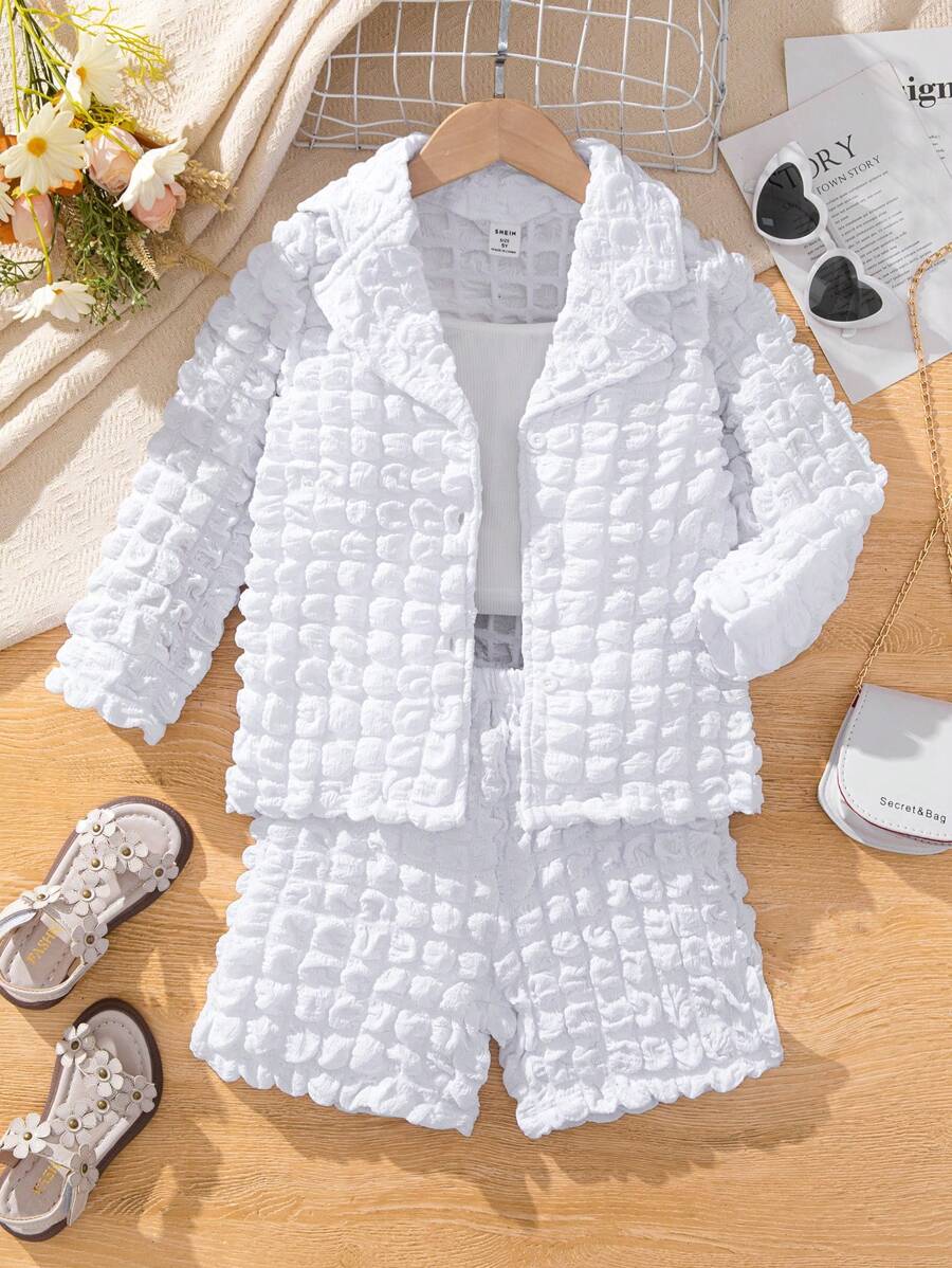 SHEIN Nhỏ bé Cô gái Nút Lên Tay áo dài Áo Và Bộ quần short - trắng - Xem 1