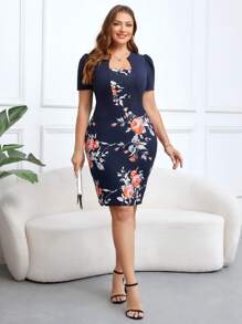 SHEIN Clasi Plus Size Women's Floral Print Short Puff Sleeve Dress - Navy Blue - View 5
