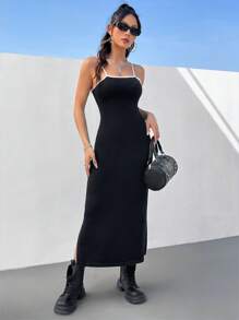 SHEIN EZwear Vestido Tipo Camisola Tejido Con Estilo Deportivo Para Mujeres Con Detalles Contrastantes