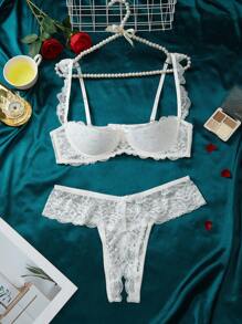 大尺碼女士性感蕾絲內衣套裝 - 白色 - 查看 1