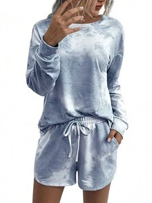 女士扎染长袖上衣和短裤休闲套装，春秋季 - 灰色 - 查看 7