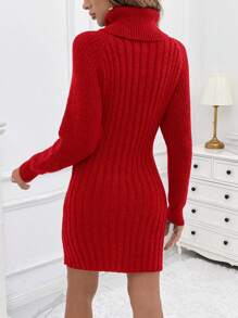 SHEIN Privé Casual Ladies' Ribbed Knit High Neck Sweater Dress - Red - View 2