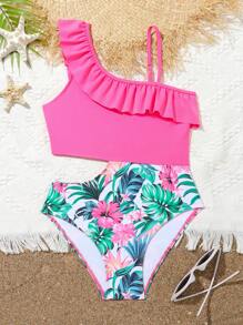 Girls' Tropical Print Cutout One Piece Swimsuit With Patchwork - Multicolor - View 3