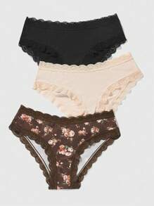 ROMWE 3入組蕾絲修飾的肋針三角褲