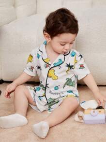 男嬰柔軟針織可愛恐龍圖案開襟衫上衣和短褲睡衣套裝兩件套 - 白色 - 查看 5