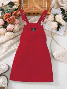 SHEIN 青少女貝雷帽連身裙,帶字母貼布 - 紅色 - 查看 6