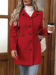EMERY ROSE Women's Buttoned Notched Lapel Casual Woolen Overcoat With Slanted Pockets For New Year Clothes Fall Winter Cloth For Women - Red - View 1