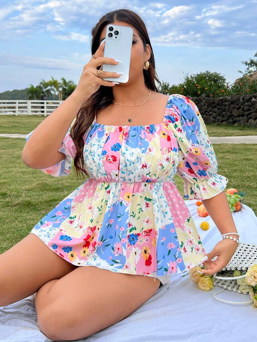 SHEIN SunnyBelle 女裝大尺寸花卉印花方領褶皺上衣 - 彩色 - 查看 1