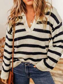 條紋拼色v領休閒毛衣 - 卡其色 - 查看 3