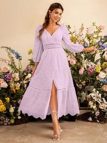 Simplee Women's V-Neck Puff Sleeve Mesh Embroidery Dress - Mauve Purple - View 6