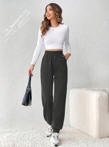 SHEIN Tall 女款純色彈性腰慢跑褲 - 深灰色 - 查看 5