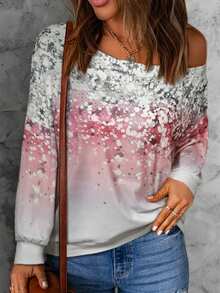 女款漸層印花不對稱領套頭衫 - 粉色 - 查看 1