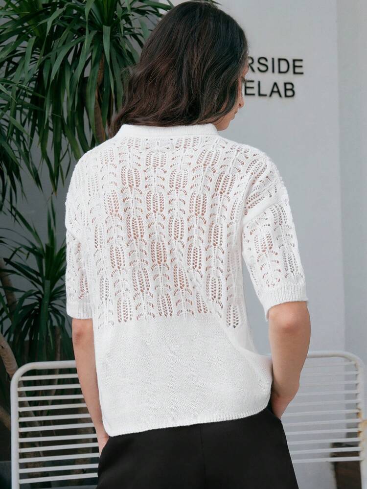 Women'S Knitted Top With Solid Color And Mesh Detail