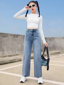 SHEIN Teenage Girls' Straight Leg Jeans - Medium Wash - View 3