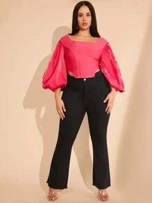 Hauture Plus Puff Sleeve Bustier Crop Top - Hot Pink - View 3