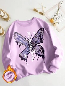 Calvaya 女款大碼蝴蝶印花圓領長袖運動衫 - 紫色 - 查看 4