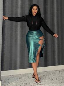 Slaydiva Plus Size Mesh Insert Long Sleeve Bodycon Bodysuit - Black - View 4