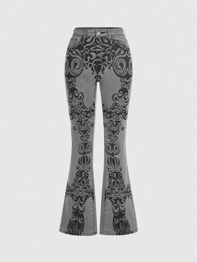 Fairycore Damen Jeans Mit Ausgestelltem Bein Und Blumen Muster