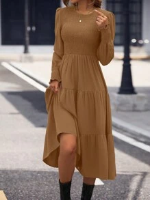 SHEIN Clasi 純色長袖搖擺裙 - 咖啡棕 - 查看 4