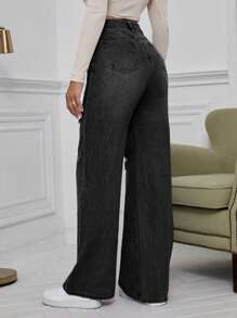 EMERY ROSE 女式破壞感寬腿牛仔褲 - 黑色 - 查看 2