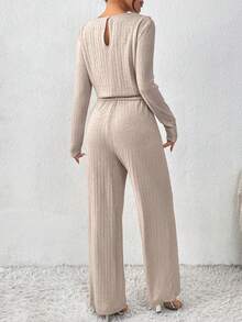 SHEIN Frenchy 單色連體褲,蕾絲接縫和腰帶 - 杏色 - 查看 2