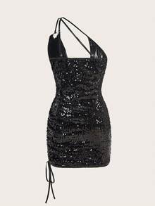 SHEIN ICON Ladies' One Shoulder Hollow Out Sequined Dress - Black - View 2