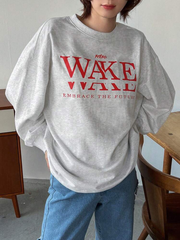 Women's Letter Printed Drop Shoulder T-Shirt Retro WAKE EMBRACE THE FUTURE,Fall Clothes Long Sleeve Women Tops