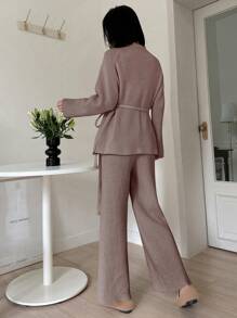Dazy Star Women'S Belted Sweater And Sweater Pants Two Piece Set - Brown - View 2