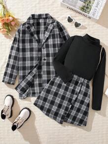 SHEIN 少女優雅格紋西裝外套+裙子+高領t恤3/2件裝套裝 - 彩色 - 查看 1