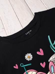SHEIN EZwear 女士可愛的花紋短袖t恤 - 黑色 - 查看 4