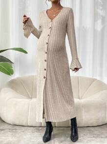 SHEIN Váy xòe tay loe cài nút cổ chữ V dành cho bà bầu - Màu be - Xem 1