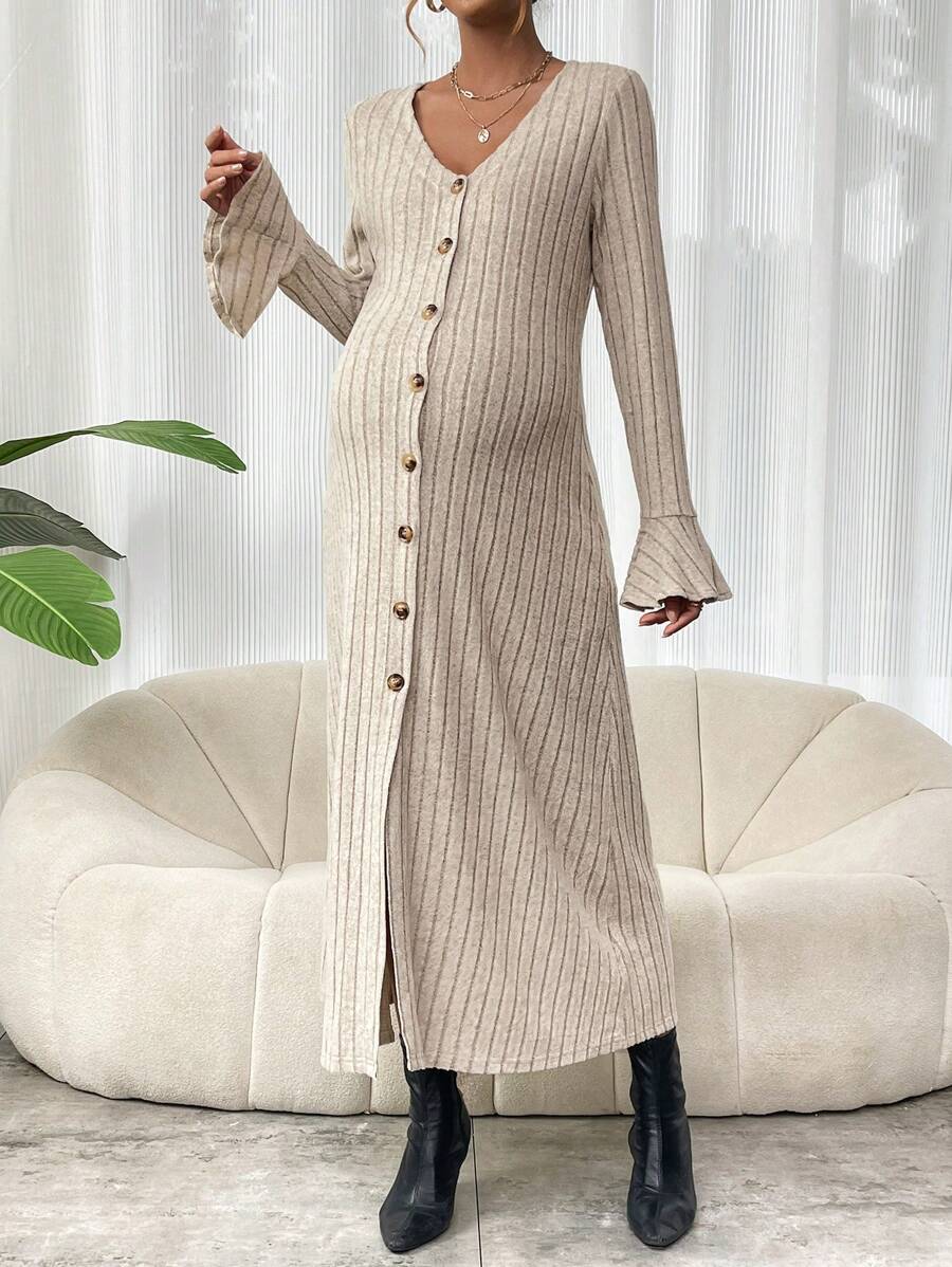 SHEIN Váy xòe tay loe cài nút cổ chữ V dành cho bà bầu - Màu be - Xem 1