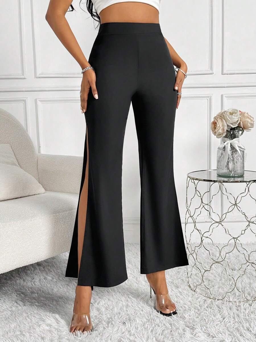 SHEIN Slayr 女款純色高衩寬褲 - 黑色 - 查看 1