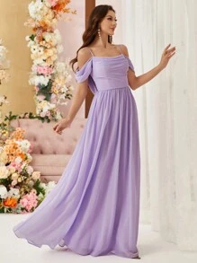 SHEIN Belle Cami, Off Shoulder, Wide Dress, Low Back, Cowl Collar, Chiffon, Bridesmaid Dress (Adult) Elegant Dress - Lilac Purple - View 6