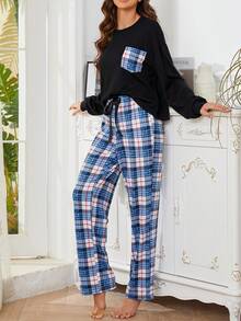 女士格紋拼接上衣和格紋長褲休閒家居套裝 - 藍色 - 查看 5