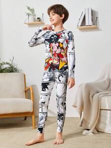 2入組修身款卡通印花圓領長袖t恤和針織睡衣,非常適合冬季 - 彩色 - 查看 3