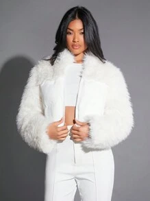 SHEIN BAE 粗针织和蓬松拼布白色短款拉链夹棉外套，冬季 - 白色 - 查看 3