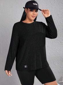 SHEIN EZwear Camiseta de mujer talla grande de cuello redondo y color liso con tejido de punto acanalado - Negro - Ver 3