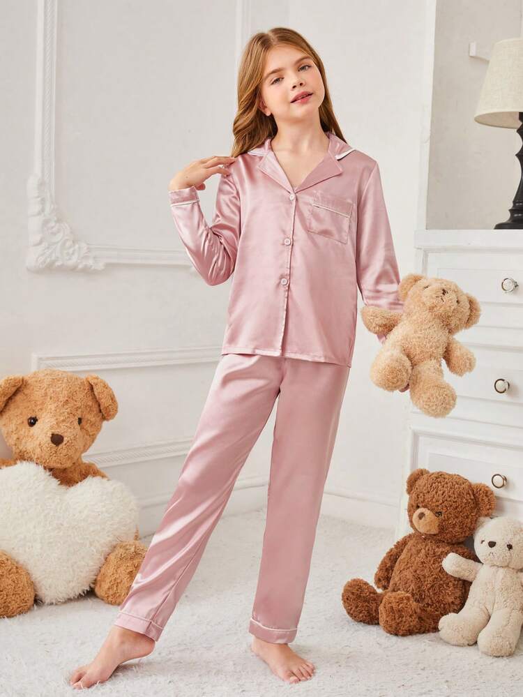 中小學女孩鎖骨翻領長袖上衣和長褲睡衣套裝 - 藕粉色 - 查看 4