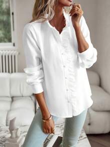 SHEIN Clasi Ruffle Trim Button Front Shirt Fall Cloth For Women - White - View 4