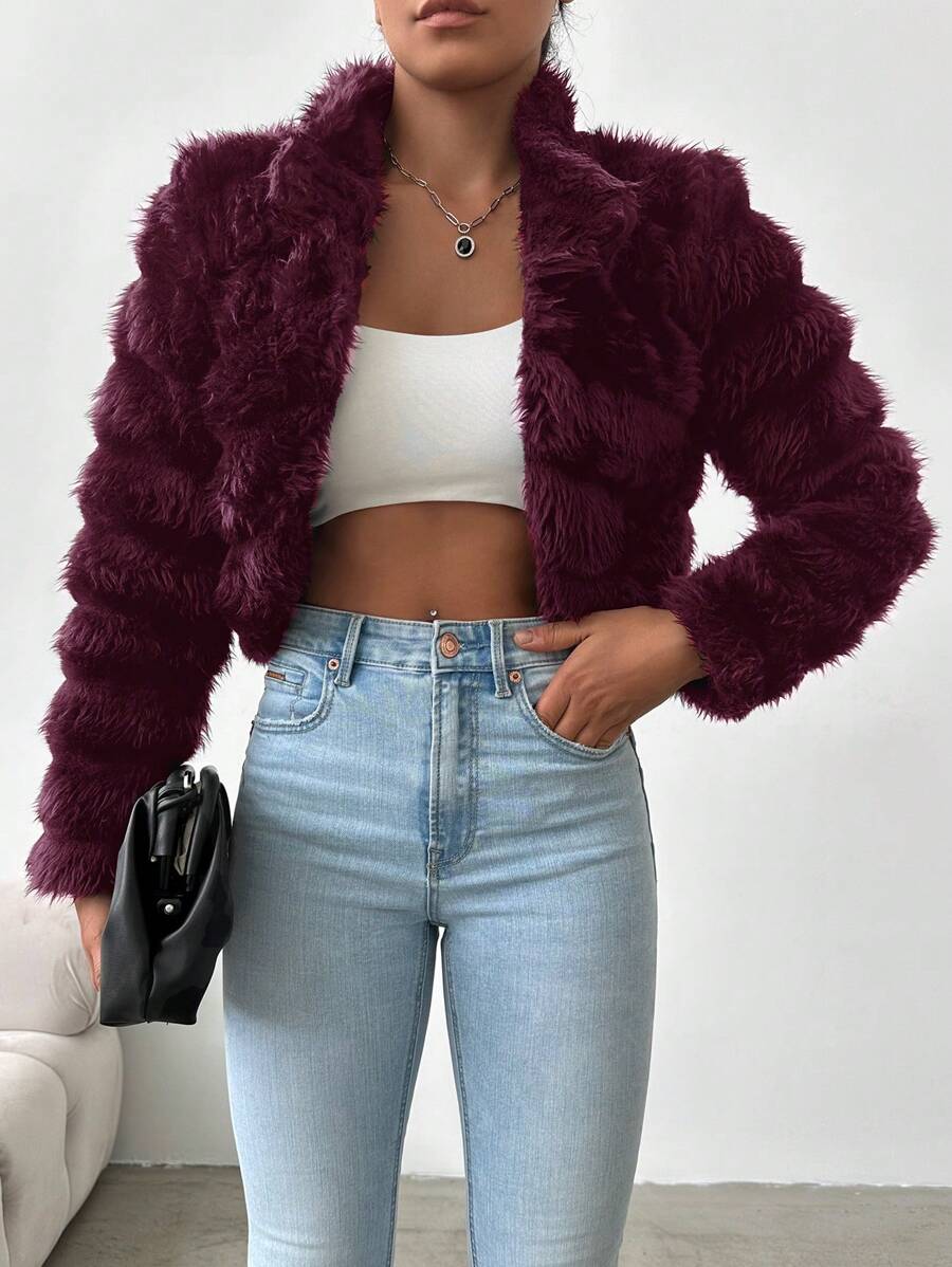 EURMUSE Women's Plush Front-open Jacket - Burgundy - View 1