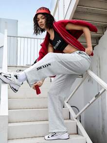 SHEIN Street Sport 印有字母的彈性腰運動褲 - 淺灰色 - 查看 4